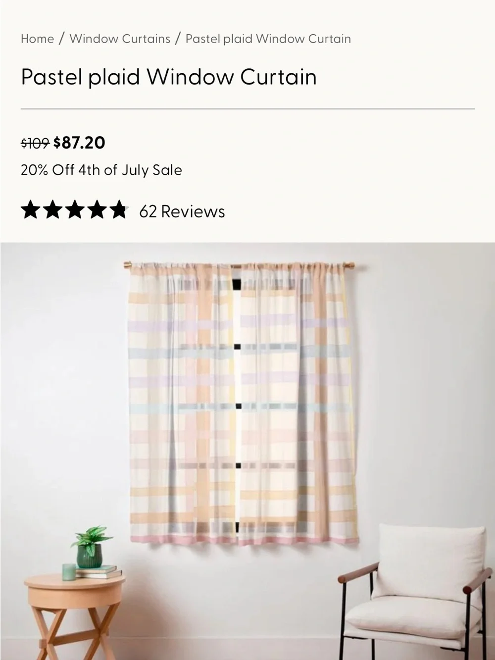 Pastel Plaid Sheer Kitchen Curtains- Society 6